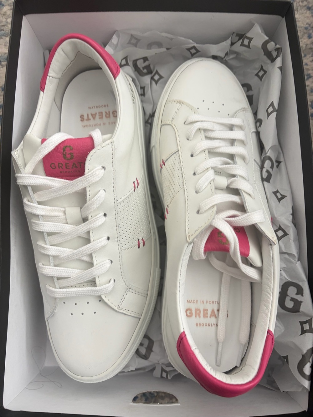 Greats White Leather Sneakers with Pink Heel & Tongue Accents